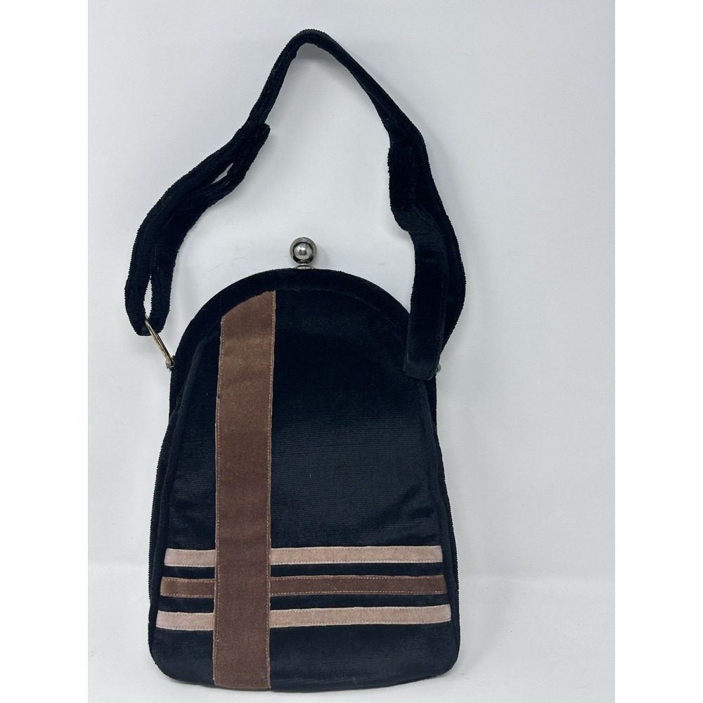 Vintage Lou Taylor Black Velvet Purse Brown Stripe Mod Shoulder Bag Retro 70s